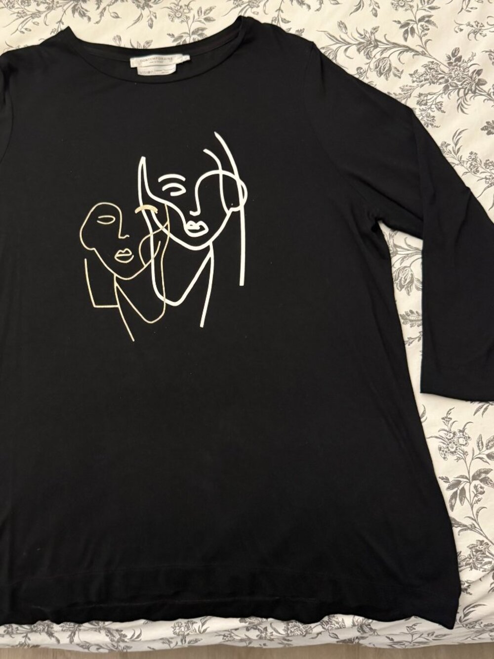 SIMONS (Contemporaine) boat-neck Black Print T-Shirt 3/4-sleeve Size XL Comfy